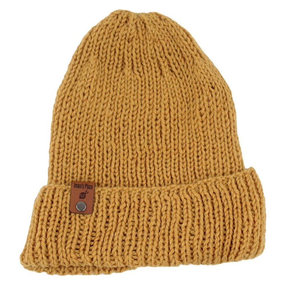 Handmade Hand Knit Gold Yellow Superwash Wool Ribbed Knit Beanie Hat